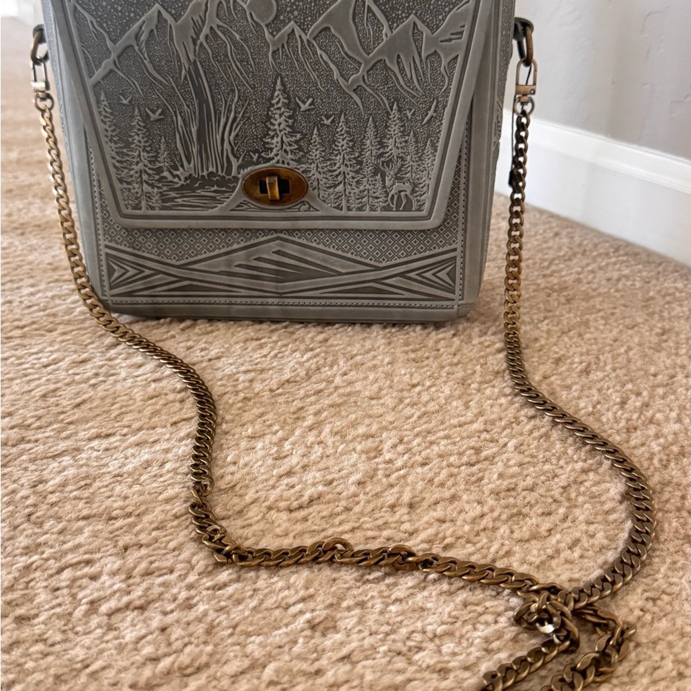 Gray Embossed Mountain Crossbody Bag with Gold Chain